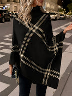 Elegant Special "Pure Body Bust" 1pc Elegant Women's Plaid High-Neck Pullover Shawl, Side Faux Button Decoration, Asymmetrical Hem Design, 100% Polyester, Fashionable Vintage Pullover, Elegant Outerwear for Autumn and Winter. Suitable for Spring - Black