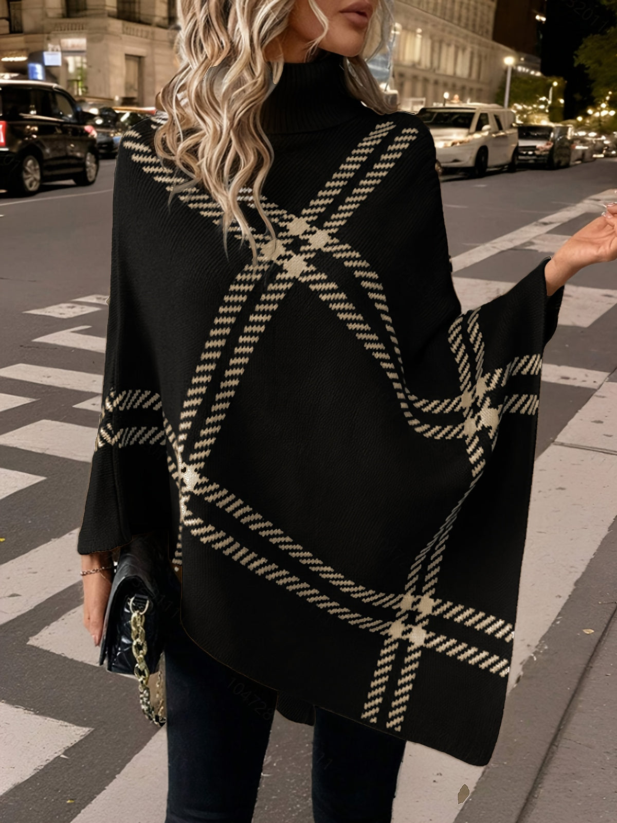 Elegant Special "Pure Body Bust" 1pc Elegant Women's Plaid High-Neck Pullover Shawl, Side Faux Button Decoration, Asymmetrical Hem Design, 100% Polyester, Fashionable Vintage Pullover, Elegant Outerwear for Autumn and Winter. Suitable for Spring - Black