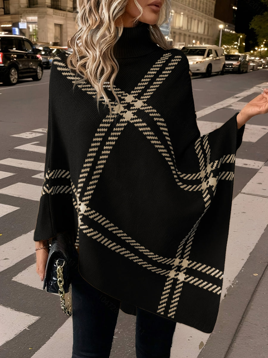 Elegant Special "Pure Body Bust" 1pc Elegant Women's Plaid High-Neck Pullover Shawl, Side Faux Button Decoration, Asymmetrical Hem Design, 100% Polyester, Fashionable Vintage Pullover, Elegant Outerwear for Autumn and Winter. Suitable for Spring - Black
