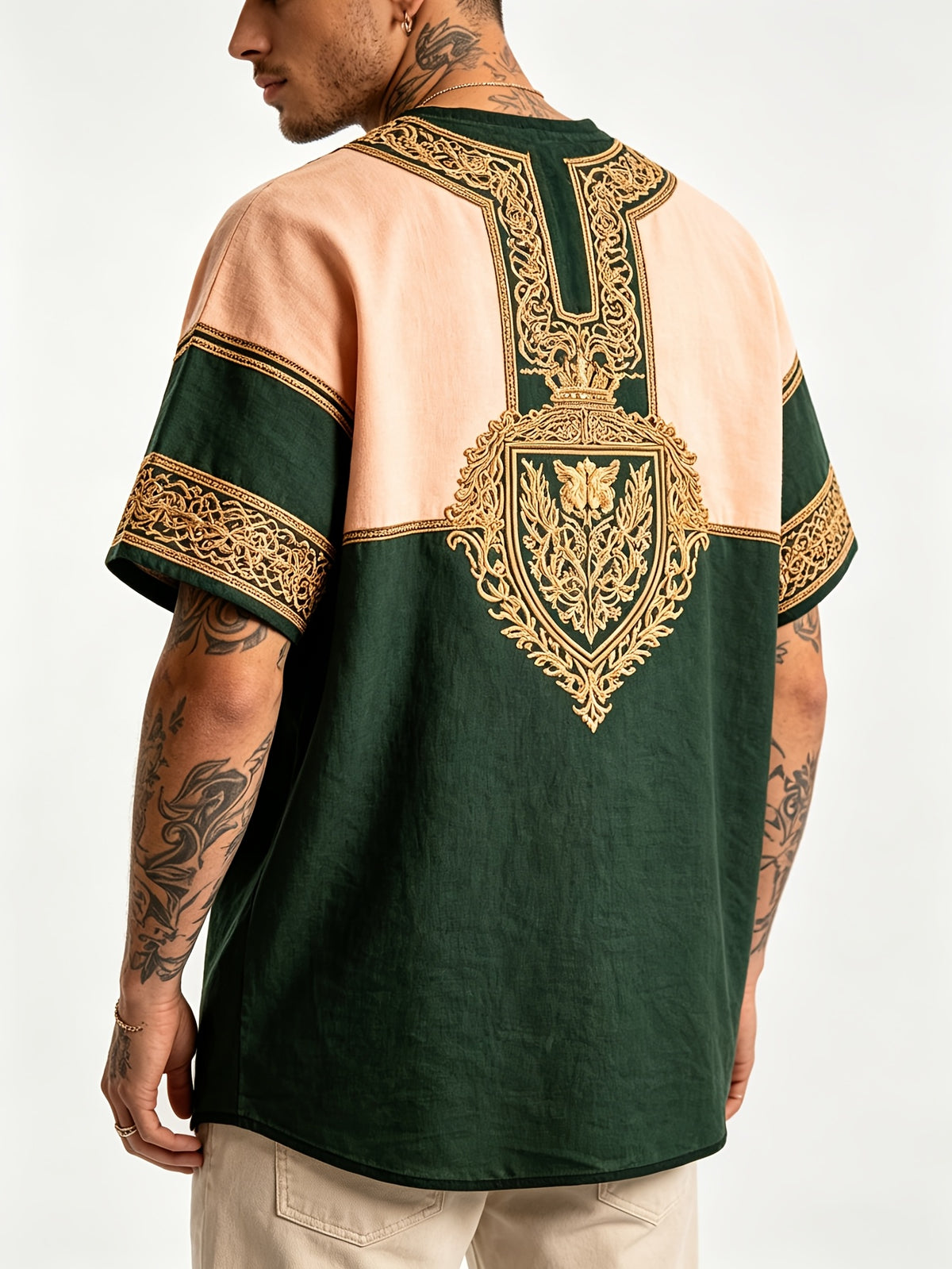 [Printed Design – Not Textured] Men'S Vintage Court Style Badge Totem Pattern Full Print T-Shirt, Summer All-Match Casual Style, Perfect Gift - Mixed colors