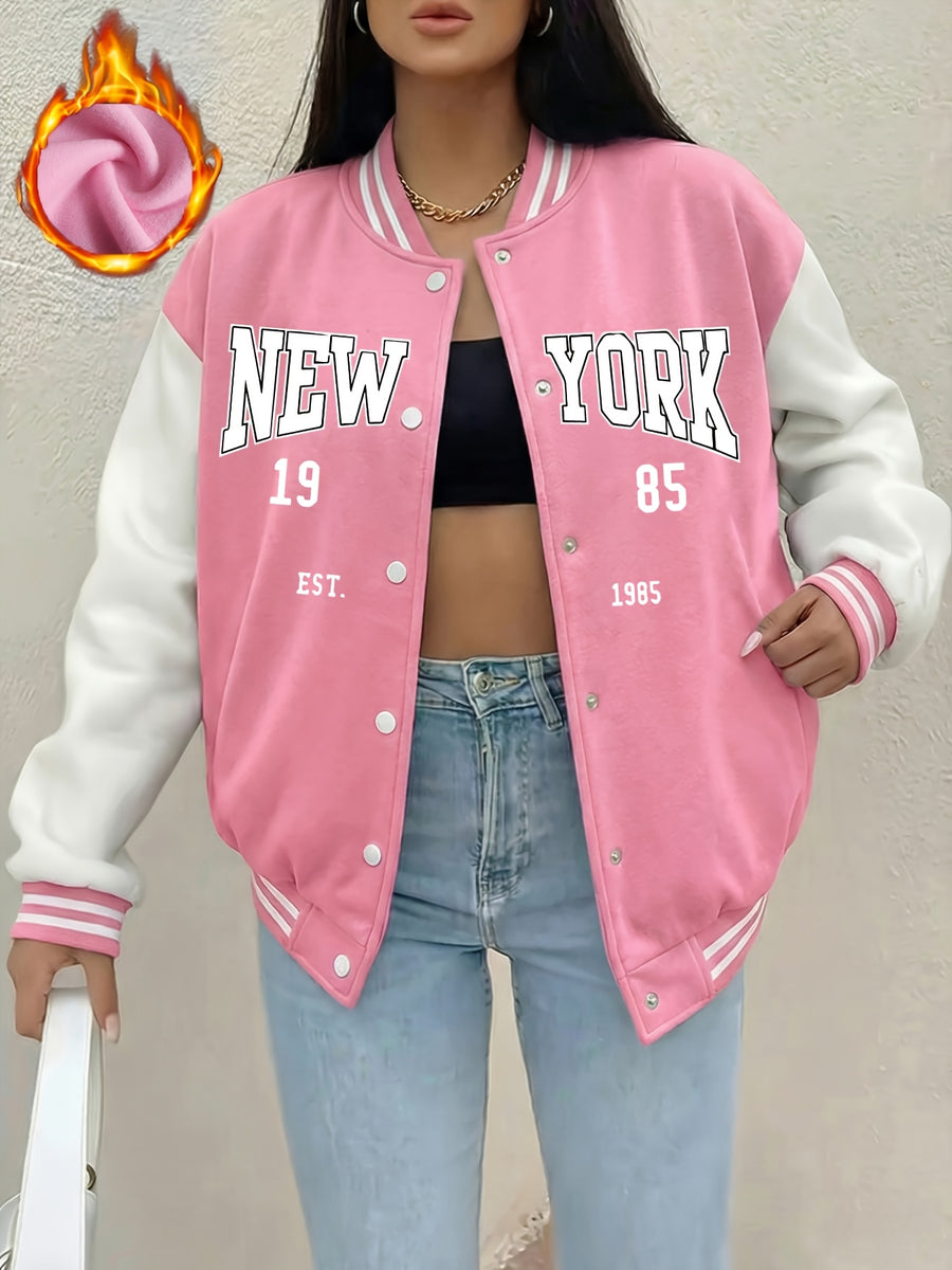 Women'S Black And White Contrast Baseball Jacket, A Letter Pattern Printed Jacket - Pink And White