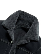 Men's Lapel Fleece-Lined Denim Jacket, Thickened for Locking in Heat, Windproof, Warm, and Cold-Resistant. Washed Denim Fabric with Composite Lining, Contrast Color Topstitching, Workwear Straight-Leg Fit. Autumn/Winter Streetwear Commuting Vintage - Black