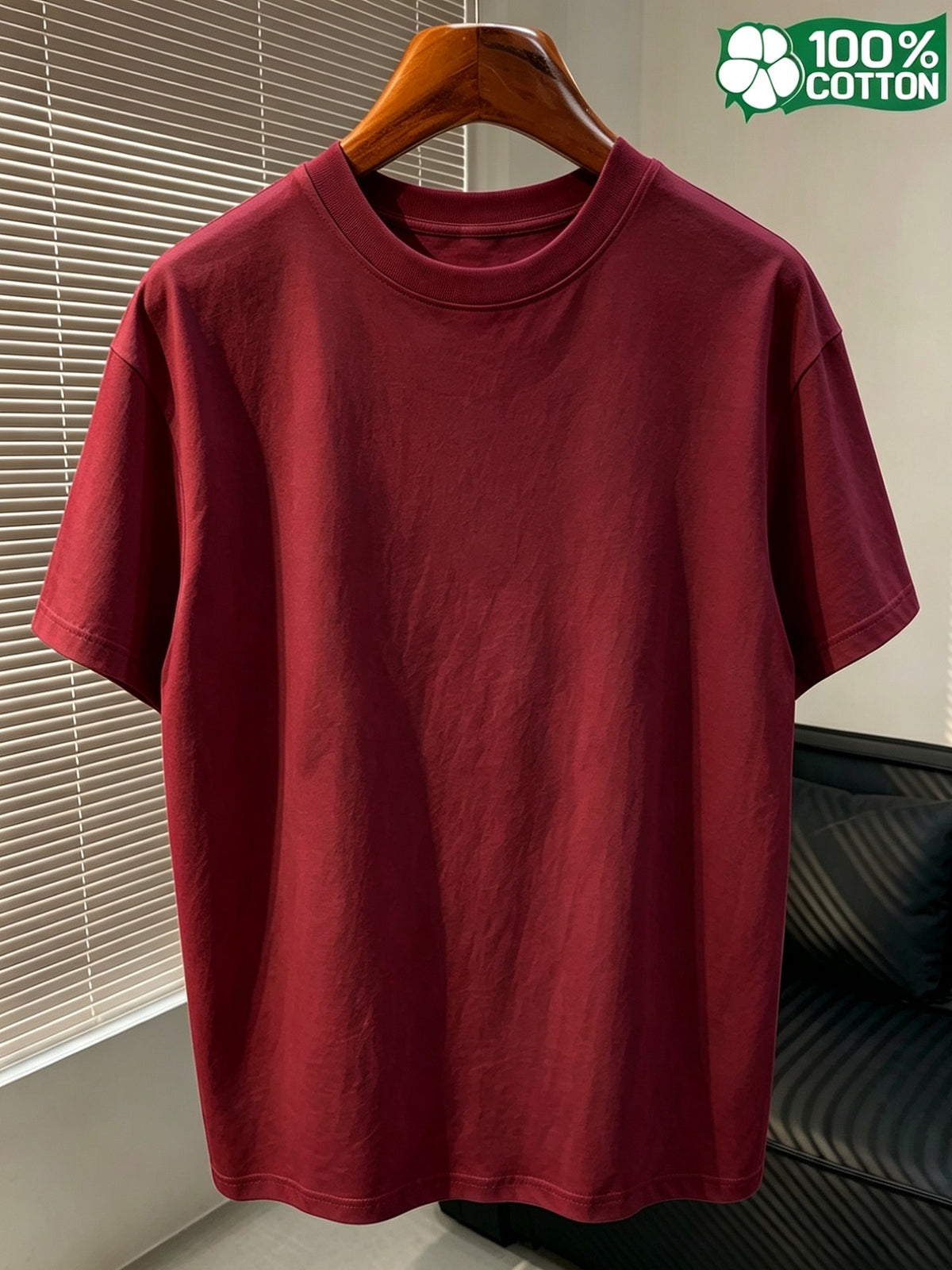 Short-sleeve T-shirt, Round Neck, Pure Cotton, Popular Summer All-season Landscape Print Featuring Mountains, Trees, and Animals. Breathable, Casual, and Versatile for Fitness. New Summer Pattern Print, Fashionable and Casual Style Suitable - Burgundy color