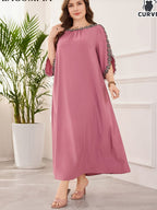 Elegant Long Dress with Round Neck, Embroidered Floral Decorations, And Three-Quarter Sleeves - Watermelon Red