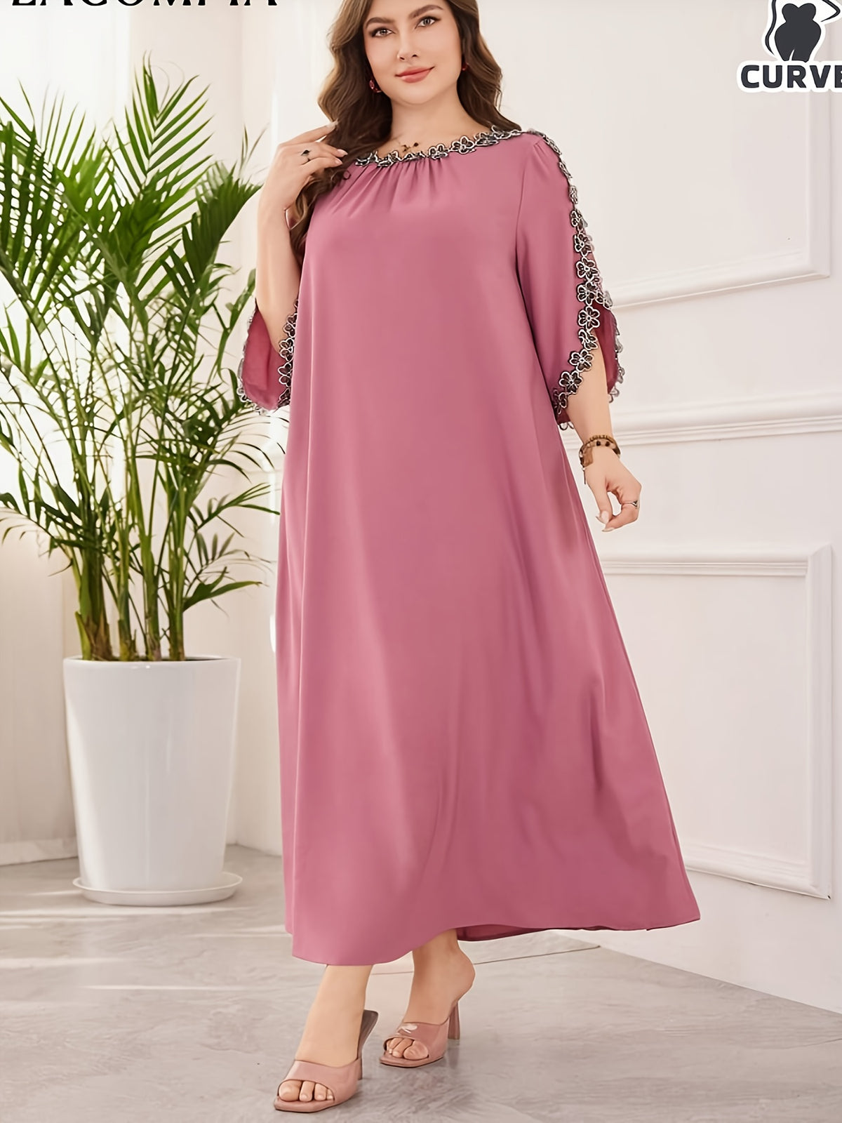 Elegant Long Dress with Round Neck, Embroidered Floral Decorations, And Three-Quarter Sleeves - Watermelon Red