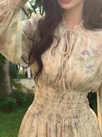 Women's French-Style Vintage Print A-Line Dress with Puff Sleeves - Lightweight Polyester Long Dress for Spring/Summer, Beach Vacation, and Casual Outings - Photo Color