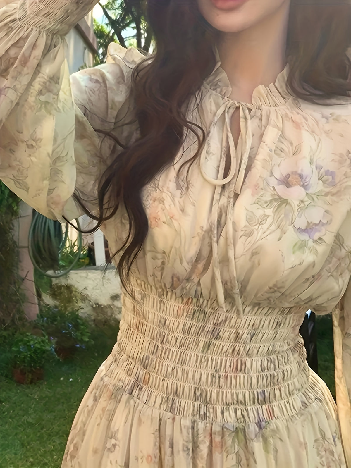 Women's French-Style Vintage Print A-Line Dress with Puff Sleeves - Lightweight Polyester Long Dress for Spring/Summer, Beach Vacation, and Casual Outings - Photo Color