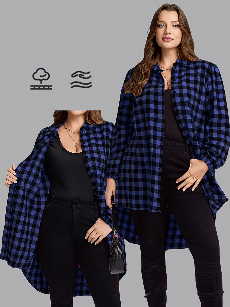 Plus Size, Women's Plus Size Elegant Black Checkered Lantern Sleeve Soft Breathable Vintage Street Style Casual Shirt Jacket - Blue