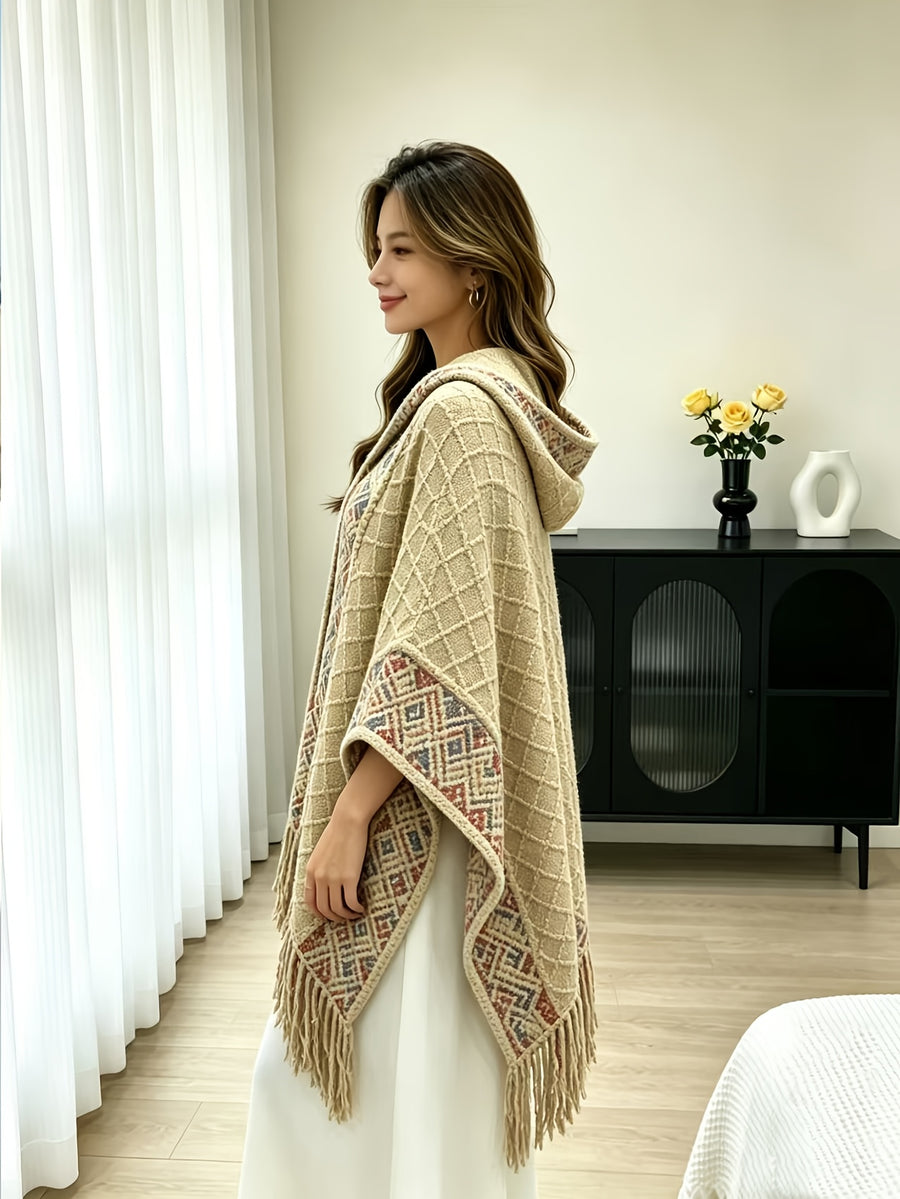 Women Geometric Pattern Fringe Hooded Poncho Cardigan, Loose Shawl Cape Coat, Boho Casual Oversized Cover Up Tops Outerwear - Khaki
