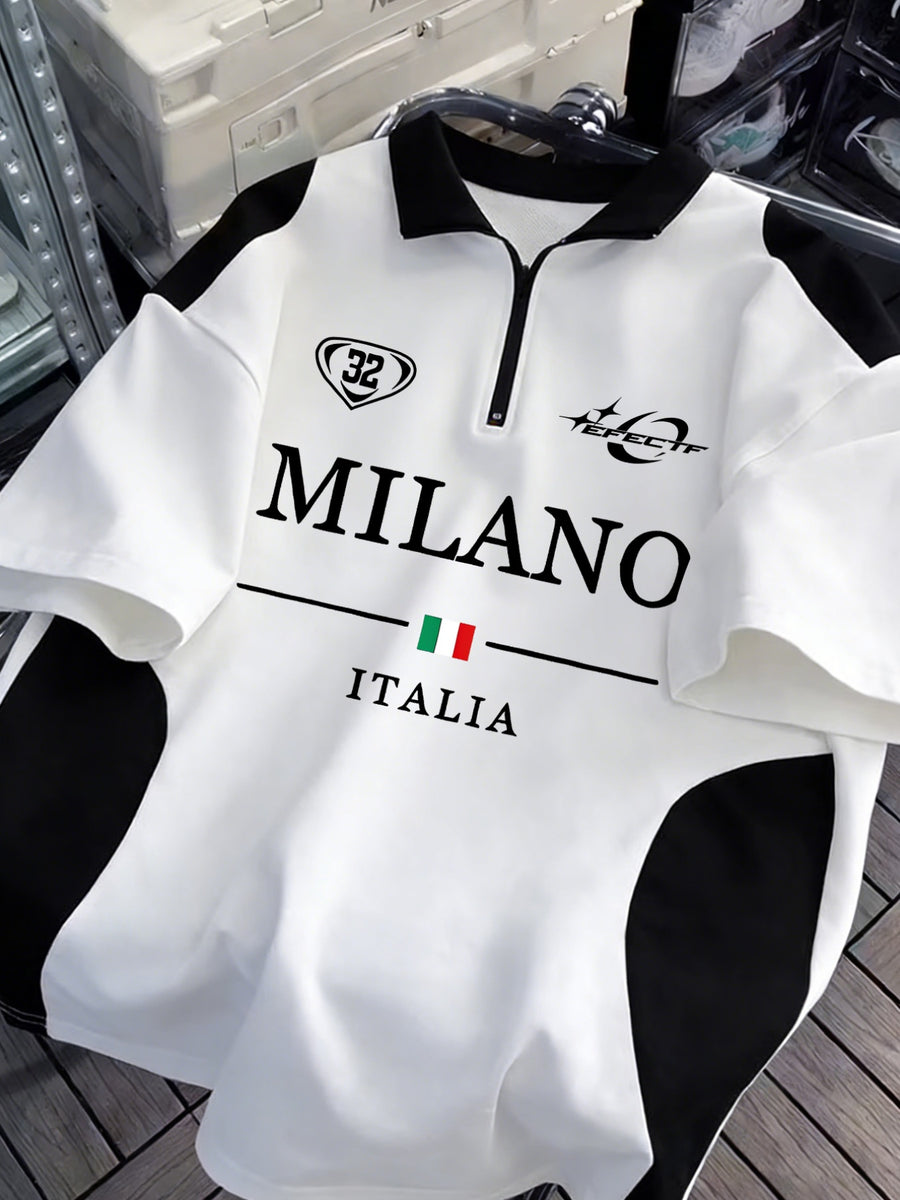 Men's Polo Shirt, College Style Color Block Patchwork Short Sleeve Top, Summer Bestselling Men's Short Sleeve, Milan Italian Flag Print Polo Collar Short Sleeve, Trendy Fashion Bestselling Printed Polo Shirt, Daily Casual Half-Zip Design Clothing - White