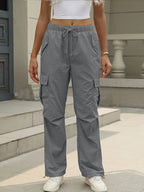 Women's Casual Cargo Pants with Multiple Pockets & Adjustable Drawstring Waist - Solid Color Long Length Non-Stretch Fabric for Casual Attire, All-Season Comfort, Leisure Outing Trousers, Fashion Cargo Pants, Nontransparent Fabric - Dark Gray