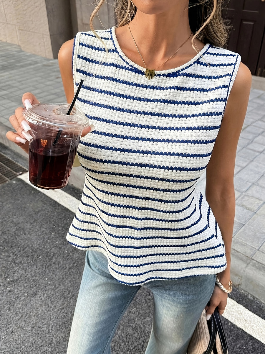 Summer Elegant Commute Vacation Date Back Contrast Bow Stripe Round Neck Sleeveless Vest Women'S Clothing - Navy Color