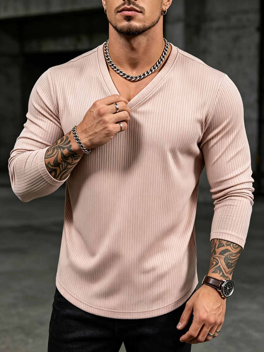 Mens V-Neck Long Sleeve Tshirt Ribbed Knit Stretch Slim Fit Casual Date Work Daily Fall Top - Khaki