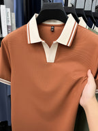 [Shule Water OBM] Summer Men'S Short Sleeve T-Shirt, Contrast Striped Cool Business Casual Versatile Top, Mid-Age Men'S Short Sleeve Collared Polo Shirt (72616) - Tangerine