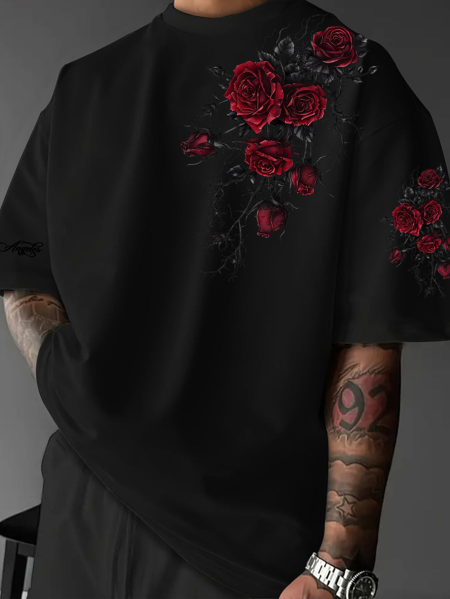 Y2K Gothic Dark Style Red Rose And Thorns Print T-Shirt - Men'S T-Shirt, Round Neck T-Shirt for Men Summer Clothing, Men'S Clothing, Streetwear - Black