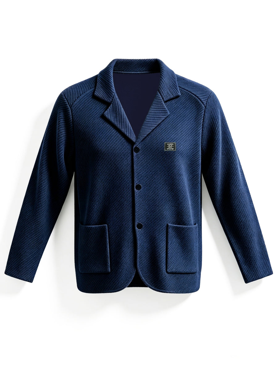 Men's New Spring, Autumn, and Winter Collection: Twill Textured Fabric Single-Breasted Notched Lapel Cardigan with Double Pockets, a Versatile Long-Sleeve Business Casual Outerwear. Soft, Comfortable, and Stylish Knitted Solid-Color Jacket - Navy Color