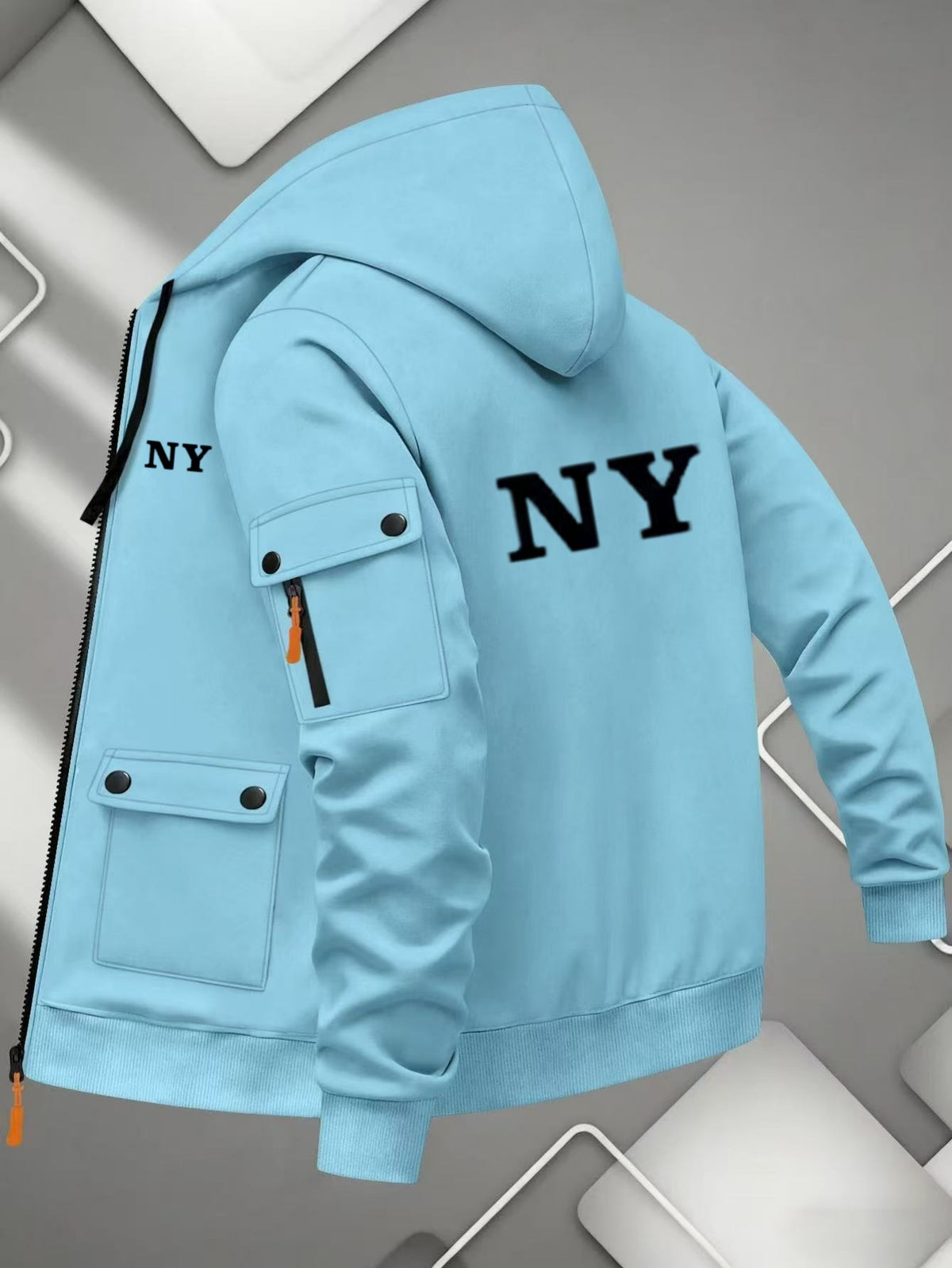 Men'S Basic NY Uppercase Letter Print Cargo Hooded Zipper Cardigan Casual Jacket - Light Blue