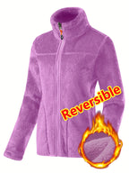 Women's Spring Casual Jacket, Thickened Shaggy Warm Printed Reversible Coral Sweatshirt, Double-Sided Outerwear - Purple