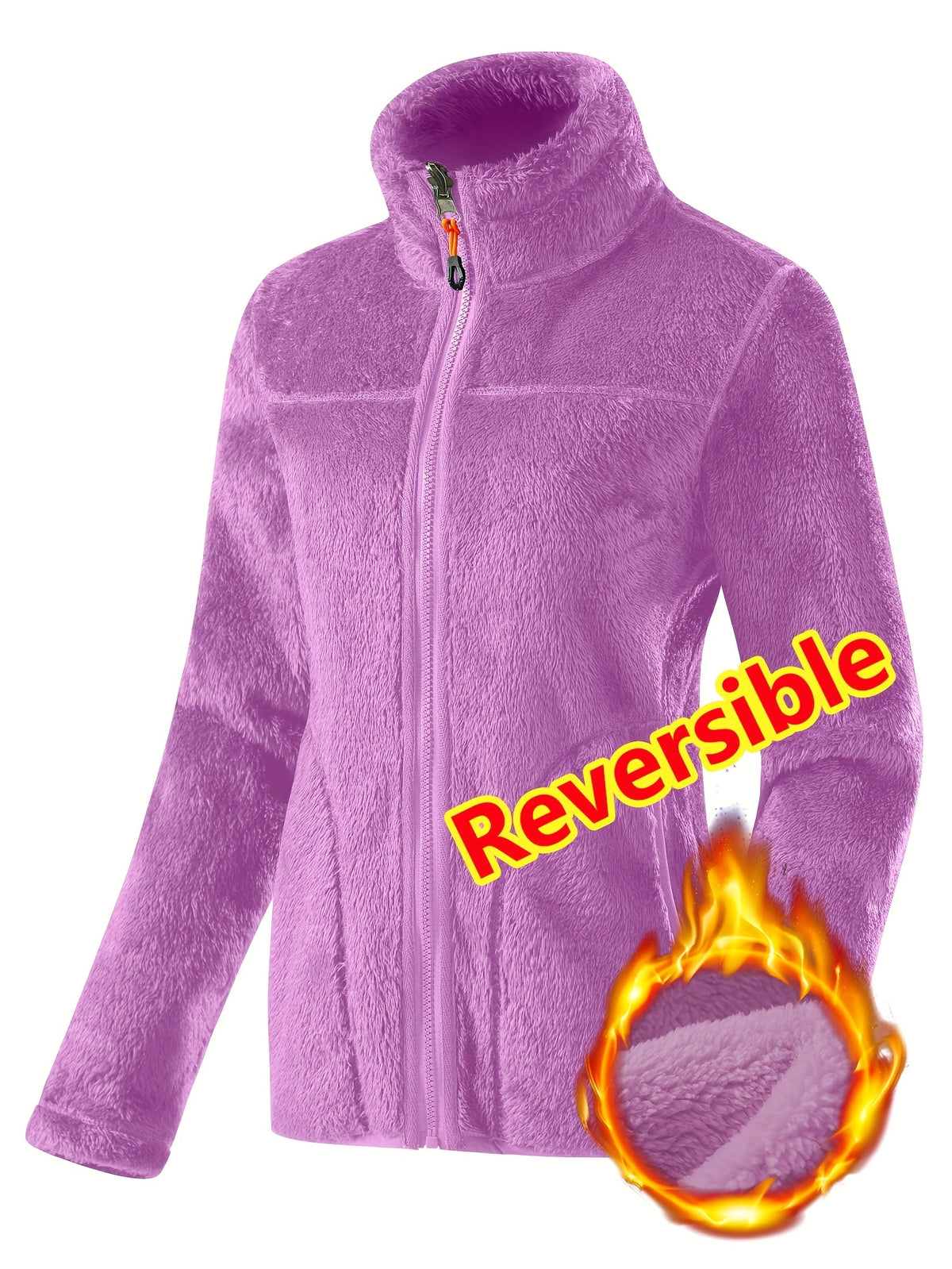 Women's Spring Casual Jacket, Thickened Shaggy Warm Printed Reversible Coral Sweatshirt, Double-Sided Outerwear - Purple