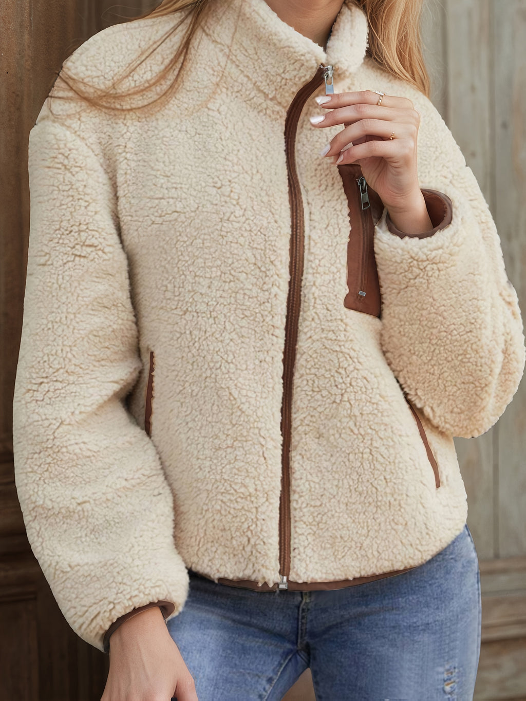 Applique Contrast Trim Zipper Cardigan Casual Plush Jacket - Off-white