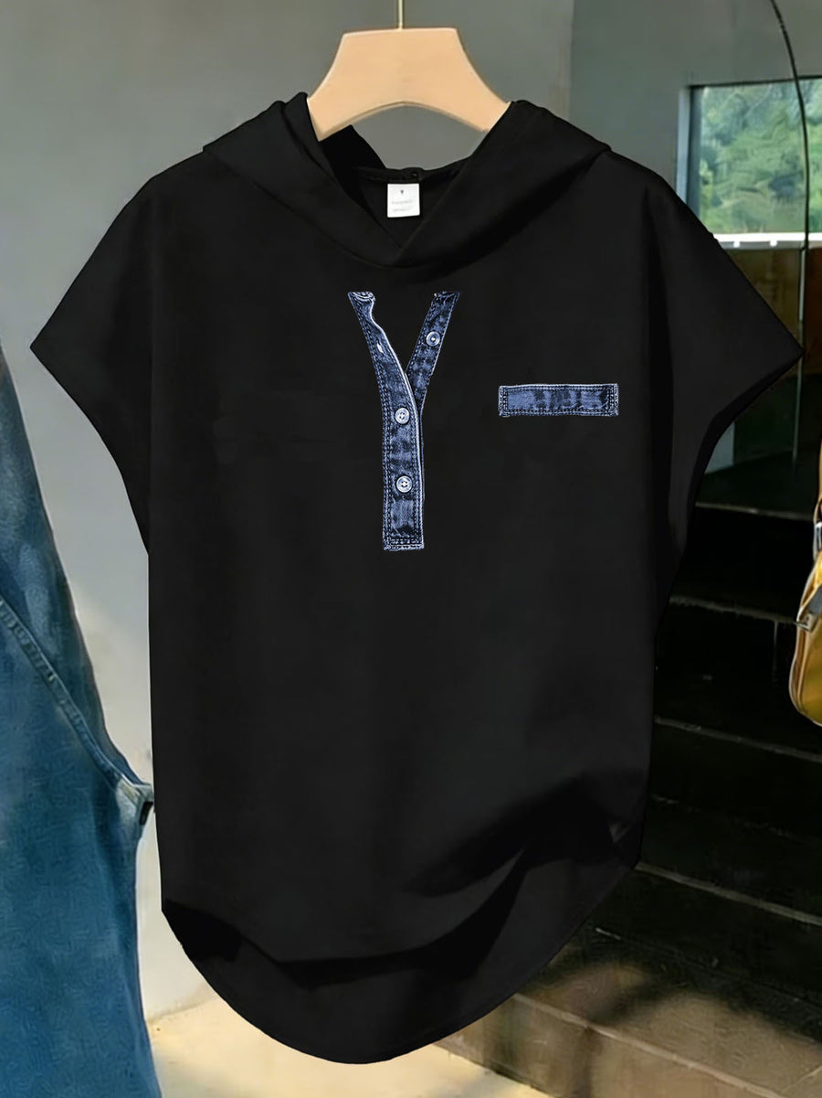 [Printed Pants - Not Faux Denim Fabric]Faux Denim Collar Print Sports Casual Style Women'S Clothing, Hooded Loose Design, Soft Comfortable Top, Elegant Fashion T-Shirt with Hooded Short Sleeves, Wearable in Spring Summer Autumn Winter - Black
