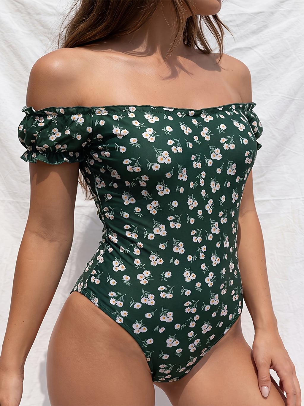 Women'S Elegant Floral Print Off-Shoulder Ruffled Hem Bodycon Top, One-Shoulder Tight Top, Bodysuit - Multicolor