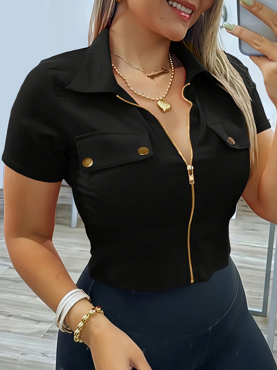 25 New Vacation Style, Spring/Summer Women's Fashion Slim-Fit Neckline Zipper Metal Decorative Sexy Shirt - Black