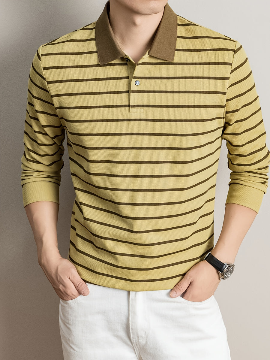 2026 Autumn Men's Long-Sleeve Striped Casual Lapel Polo Shirt - Yellowish-brown