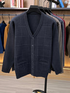 Men'S Autumn Winter Easy Knit Cardigan Warm Plaid Casual Jacket - Black Gray