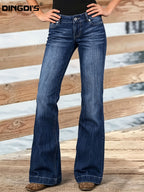 Women's Stretchy Straight-Leg Jeans - Comfortable & Fashionable, Classic Blue Wash Denim with Pocket Detail, All-Season Casual Wear - Deep Blue