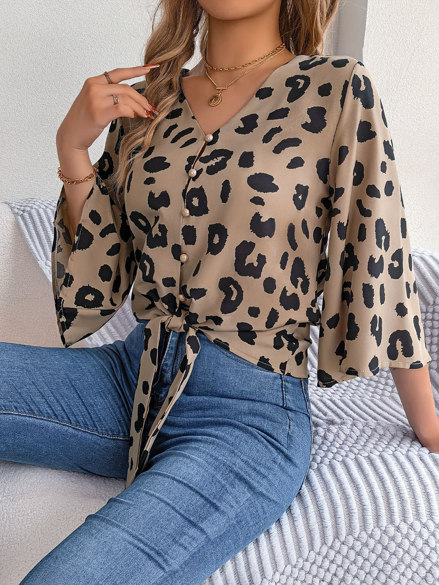 Spring and Summer Vacation Leopard Print Mid-Sleeve Tie-Bow Top - Khaki