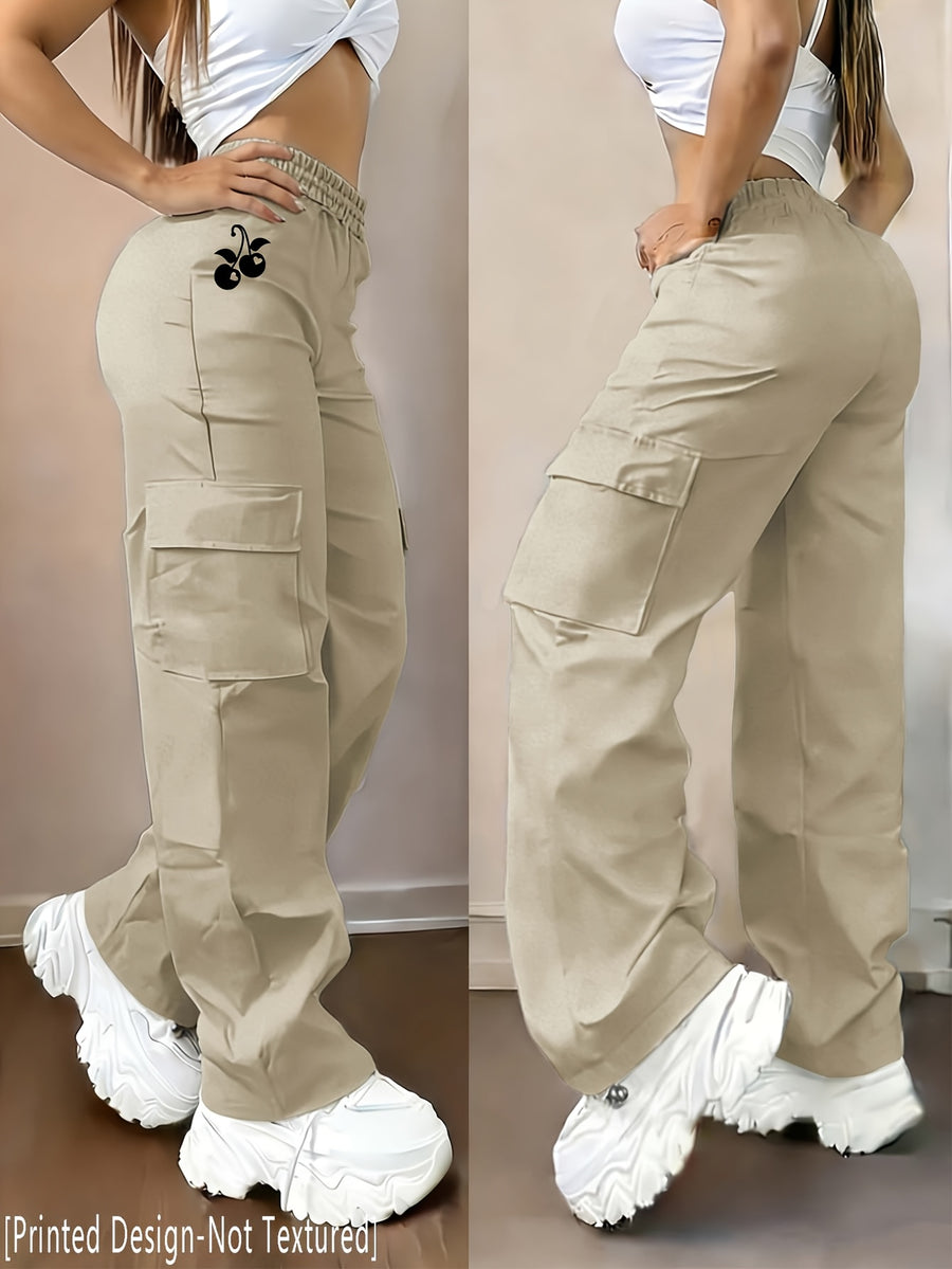 Women's Casual Trousers with a Creative Heart and Cherry Print Design, Fashionable Cargo Pants - D355-WHY2075 - Khaki