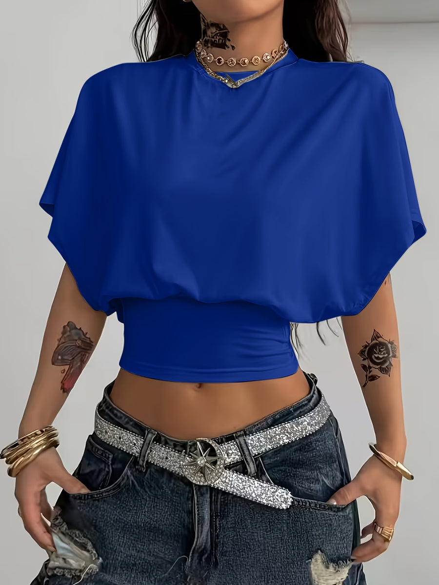 BK260403040 Women's Fashion Spring/Summer New Arrival, Stylish and Elegant, Solid Color No Print, Casual Versatile Waist-Cinching T-Shirt, Essential Basic Style—Suitable for Daily Spring/Summer Wear,, Beach, Vacation, and Home - Royal Blue