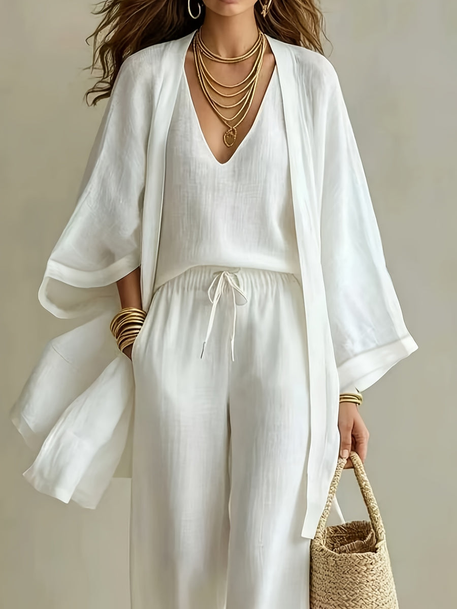 3pcs Set, Women's Spring/summer Vacation-style Loose Spaghetti Strap Tank Top with Cardigan and Loose Wide-leg Pants Casual Set, Elegant and Fashionable, Comfortable and Casual, Suitable for Commuting Wear - White