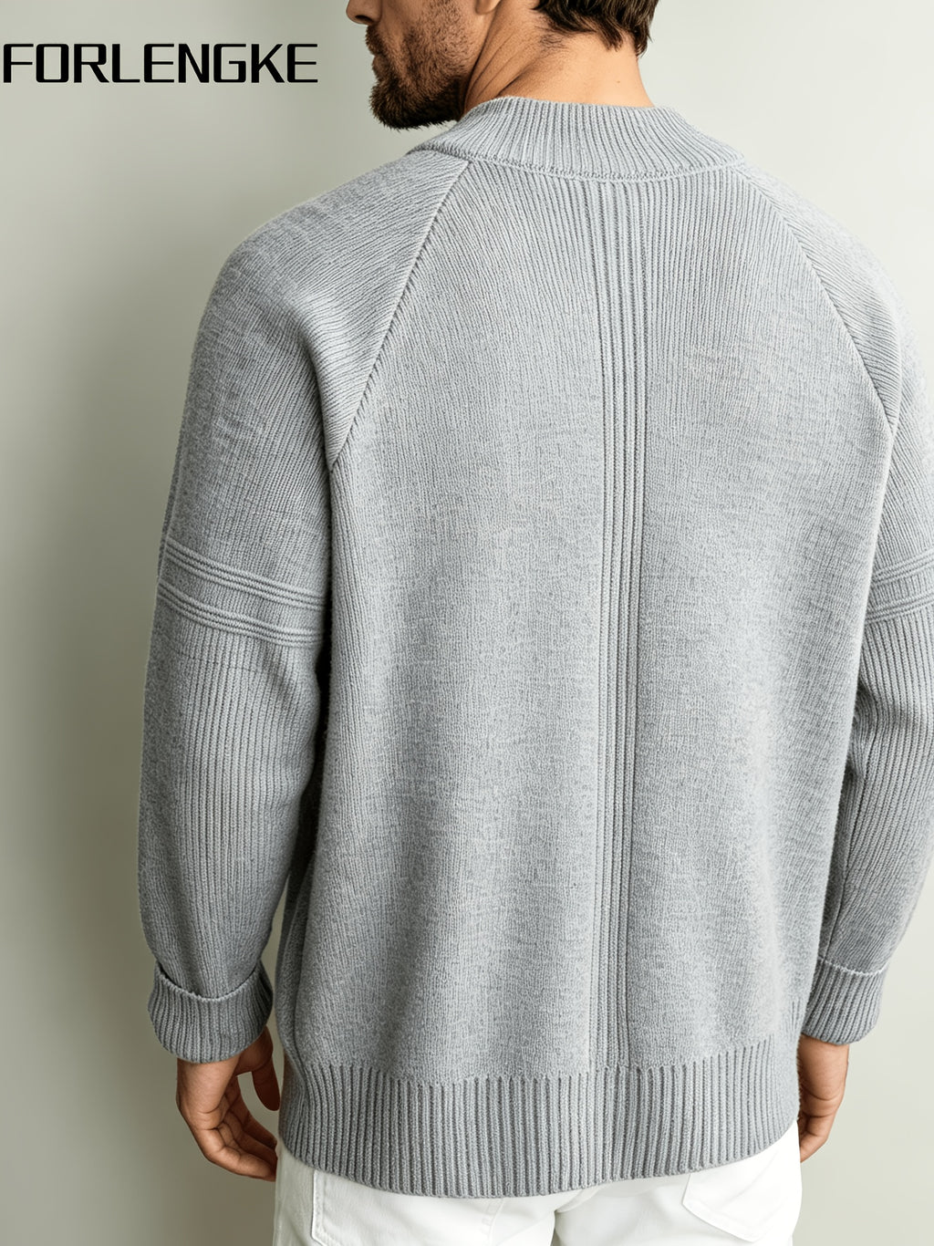 FORLENGKE Men's Autumn/Winter Stand Collar Zipper Knit Cardigan, Heavyweight Jacquard Texture Outerwear, Casual Versatile Solid Color Sweater Jacket, Mature Business Minimalist Top, Loose Fit Slimming Long Sleeve Outer Layer, Daily Commute Light - Light Grey