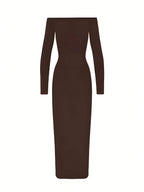 Women'S Spring Summer Elegant Off-Shoulder Long Sleeve Maxi Dress Bridesmaid Gown - Coffee Brown