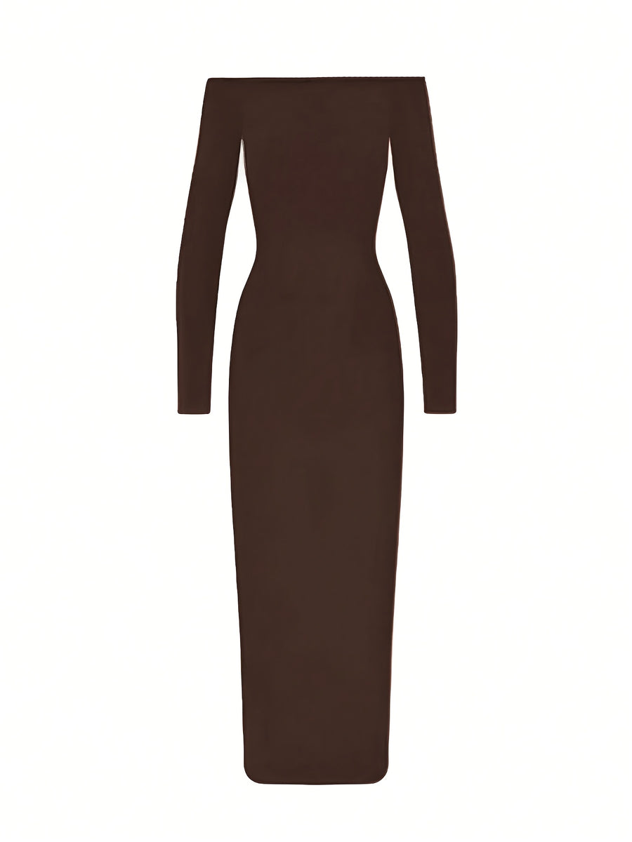 Women'S Spring Summer Elegant Off-Shoulder Long Sleeve Maxi Dress Bridesmaid Gown - Coffee Brown