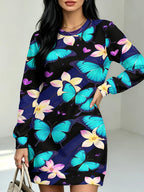 Women's Full-Body Butterfly Floral Print Maxi Dress - Long Sleeve A-Line Dress with Lace Round Neck, Stretch Suitable for Commuting, Home, Dating &, Style for All- Wear (Hand Washable, Non-) - Multicolor