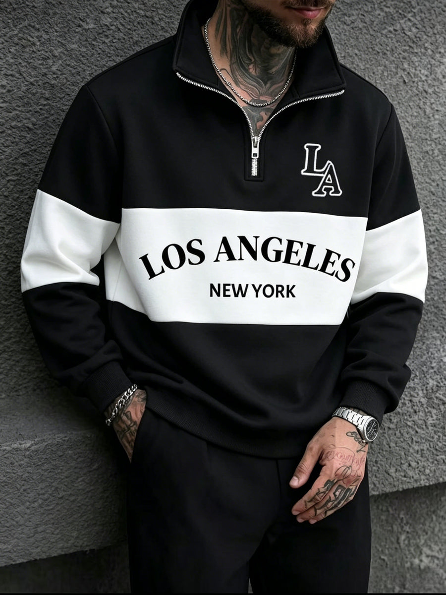 [Shule Water OBM] Spring Men'S Color-Block Letter Print Half-Zip Sweatshirt - Black