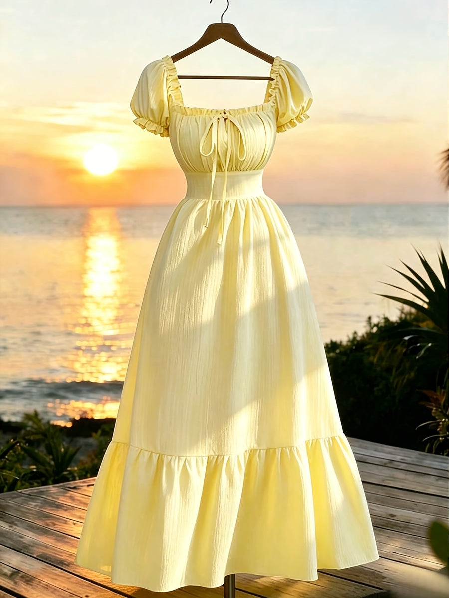 Elegant Dress Women'S Skirt Square Neck Puff Sleeve Tie-Up A-Line Long Dress Suitable for Outdoor Spring Summer Party Wedding Travel Zzy Spring Summer - Bright Yellow