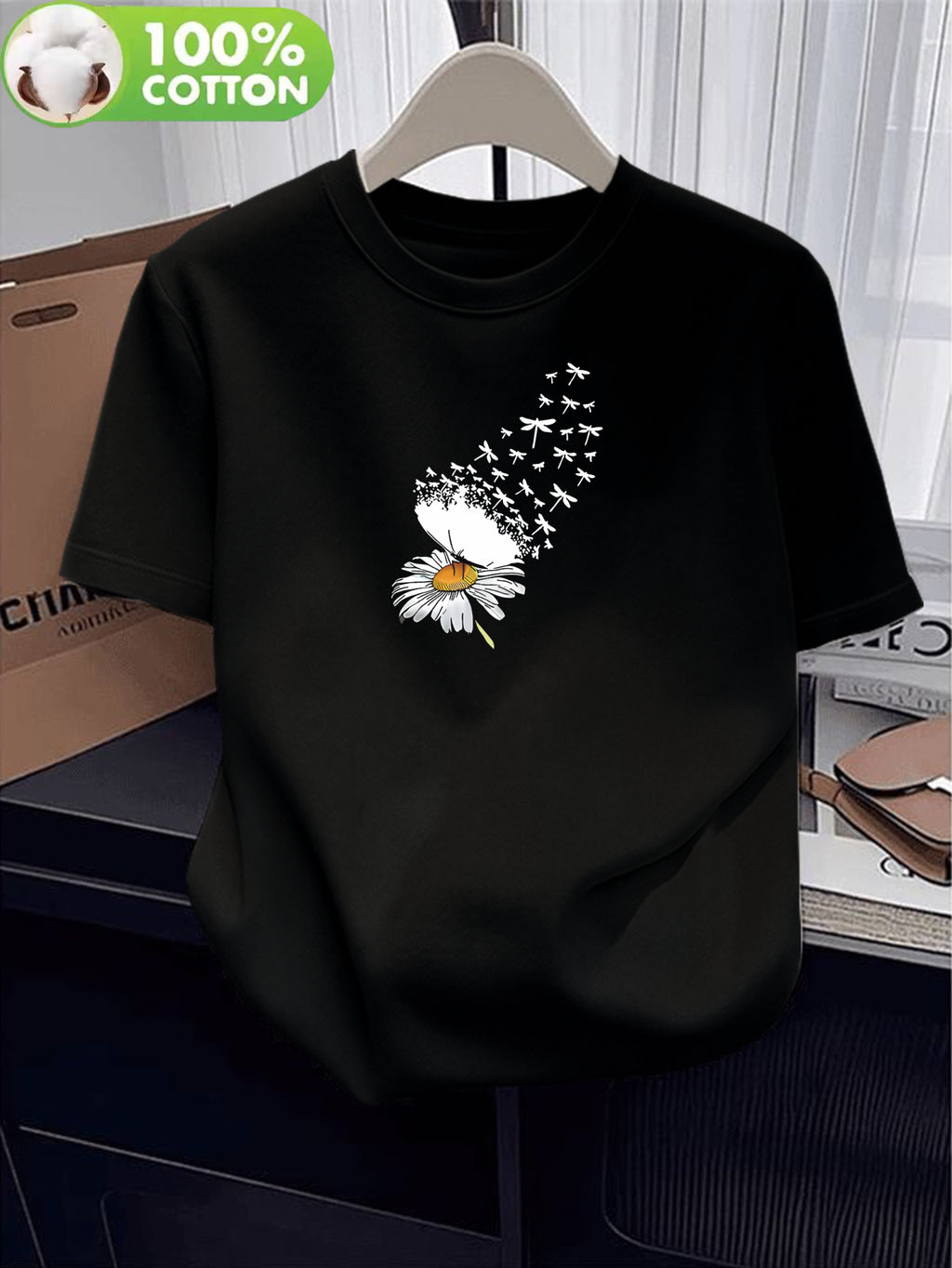 100% Women's T-Shirt, Summer Short Sleeve Lightweight Top, Trendy and Fashionable Standard Fit, Loose, Breathable, Versatile,, Fresh Little Daisy Pattern with Flying Bird Element, Simple and Artistic Design - Black