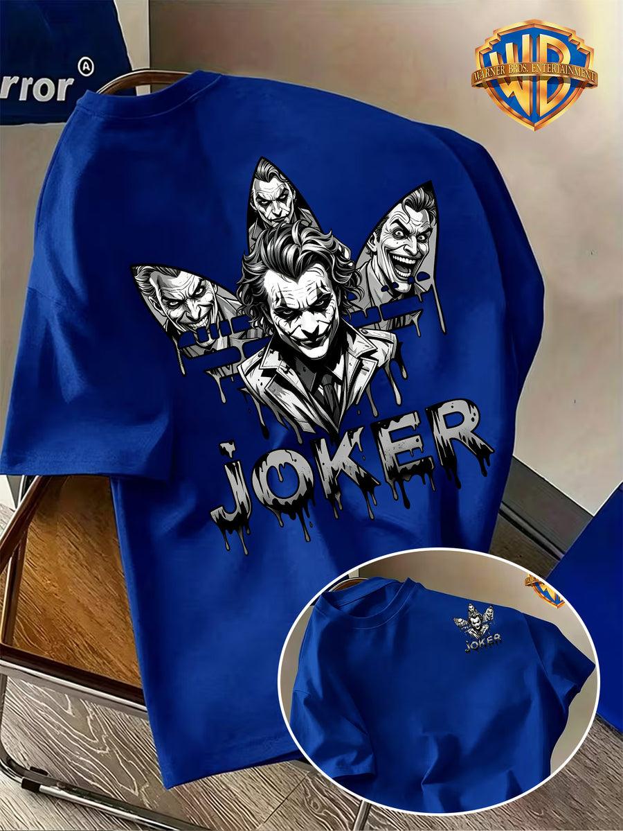 Warner Authorized 2026 New Men'S Summer Trendy Short Sleeve T-Shirt, Cool Dark Style Black And White Series Dark Knight Joker JOKER Sketch Ink Splatter Graffiti Creative Print Design, American Dark Street Comic Style, Loose Fit - Royal Blue