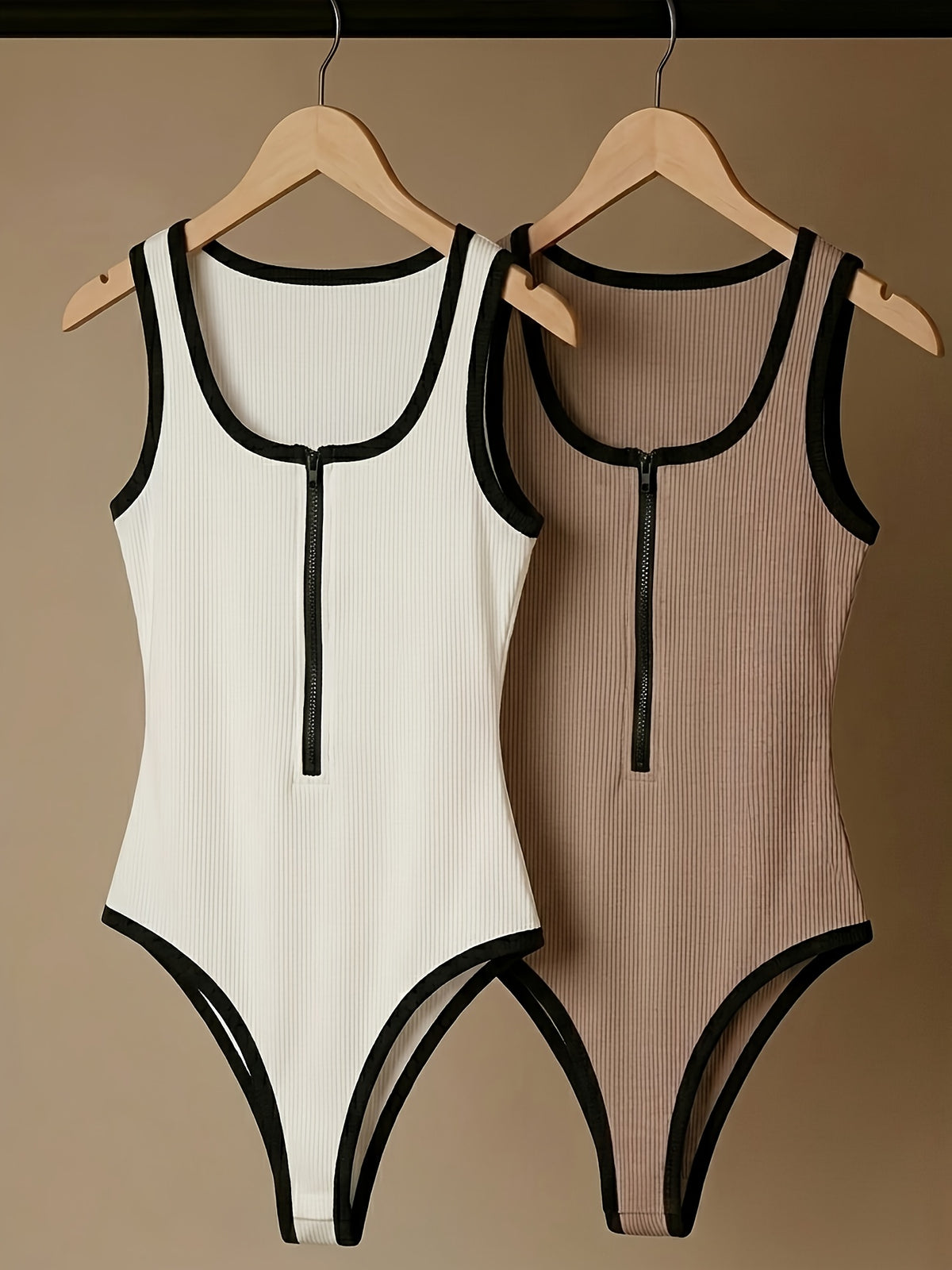 Elegant Fashion Commuter Zipper Design Color-Block Sleeveless Bodysuit 3pcs Set - Black+white+khaki