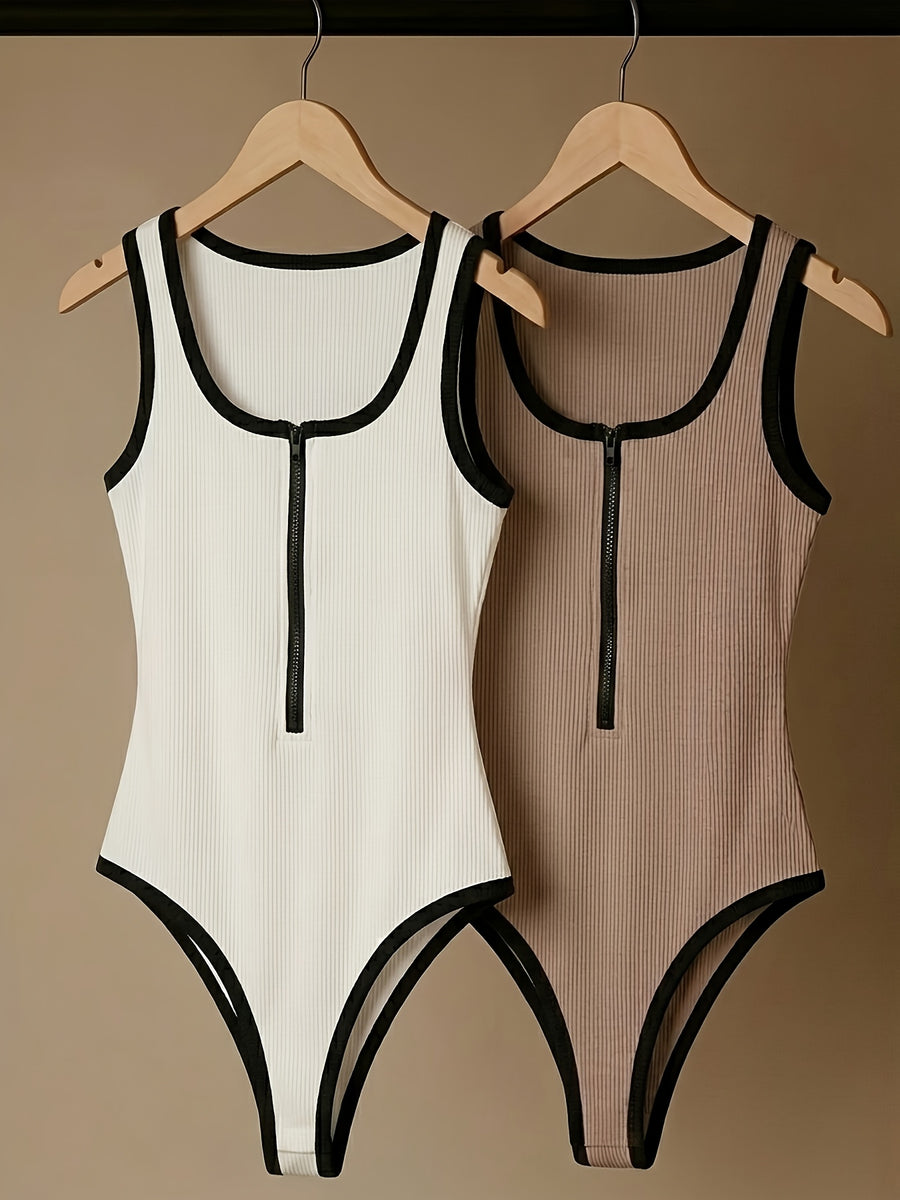 Elegant Fashion Commuter Zipper Design Color-Block Sleeveless Bodysuit 3pcs Set - Black+white+khaki