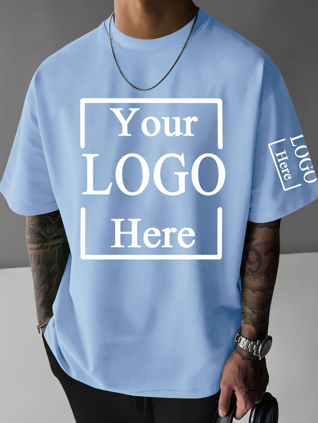 Custom T-Shirts / - "My T-Shirt, My Choice" Design Your Own with Text//Logo Suitable for Team Uniforms, Music Festival Outfits, Gifts for Him, Short Sleeve Round Neck Loose Fit Machine Washable T-Shirt - Sky Blue