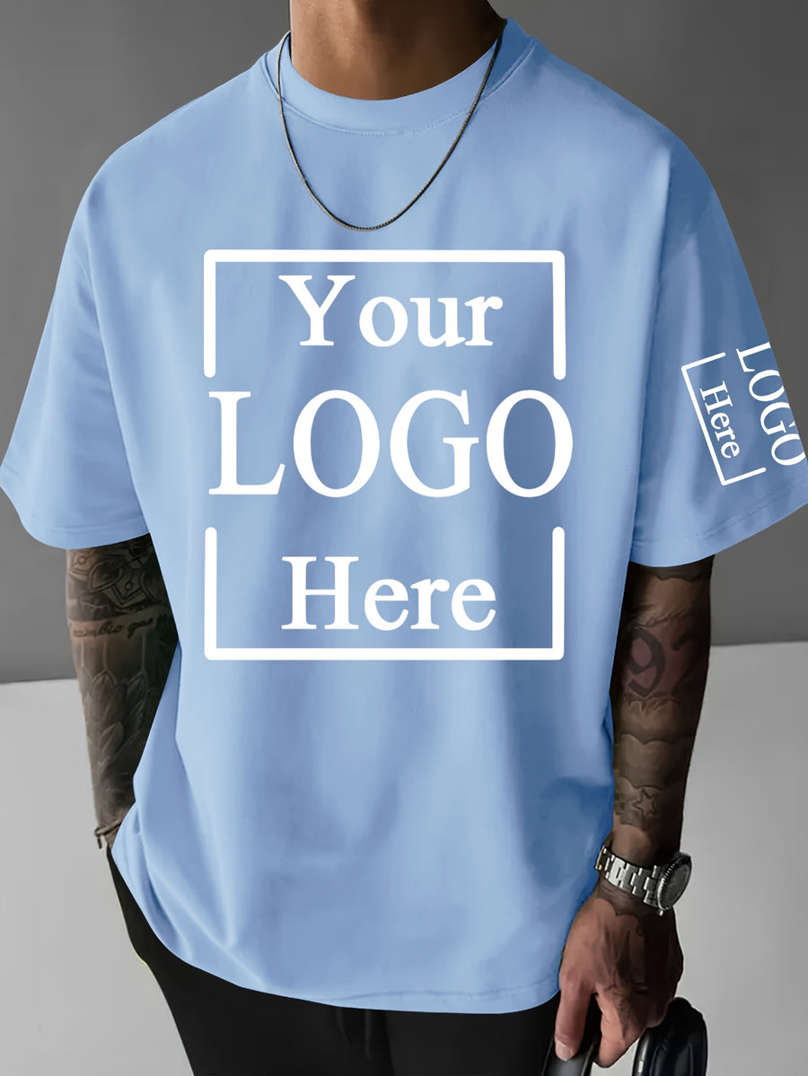 Custom T-Shirts / - "My T-Shirt, My Choice" Design Your Own with Text//Logo Suitable for Team Uniforms, Music Festival Outfits, Gifts for Him, Short Sleeve Round Neck Loose Fit Machine Washable T-Shirt - Sky Blue