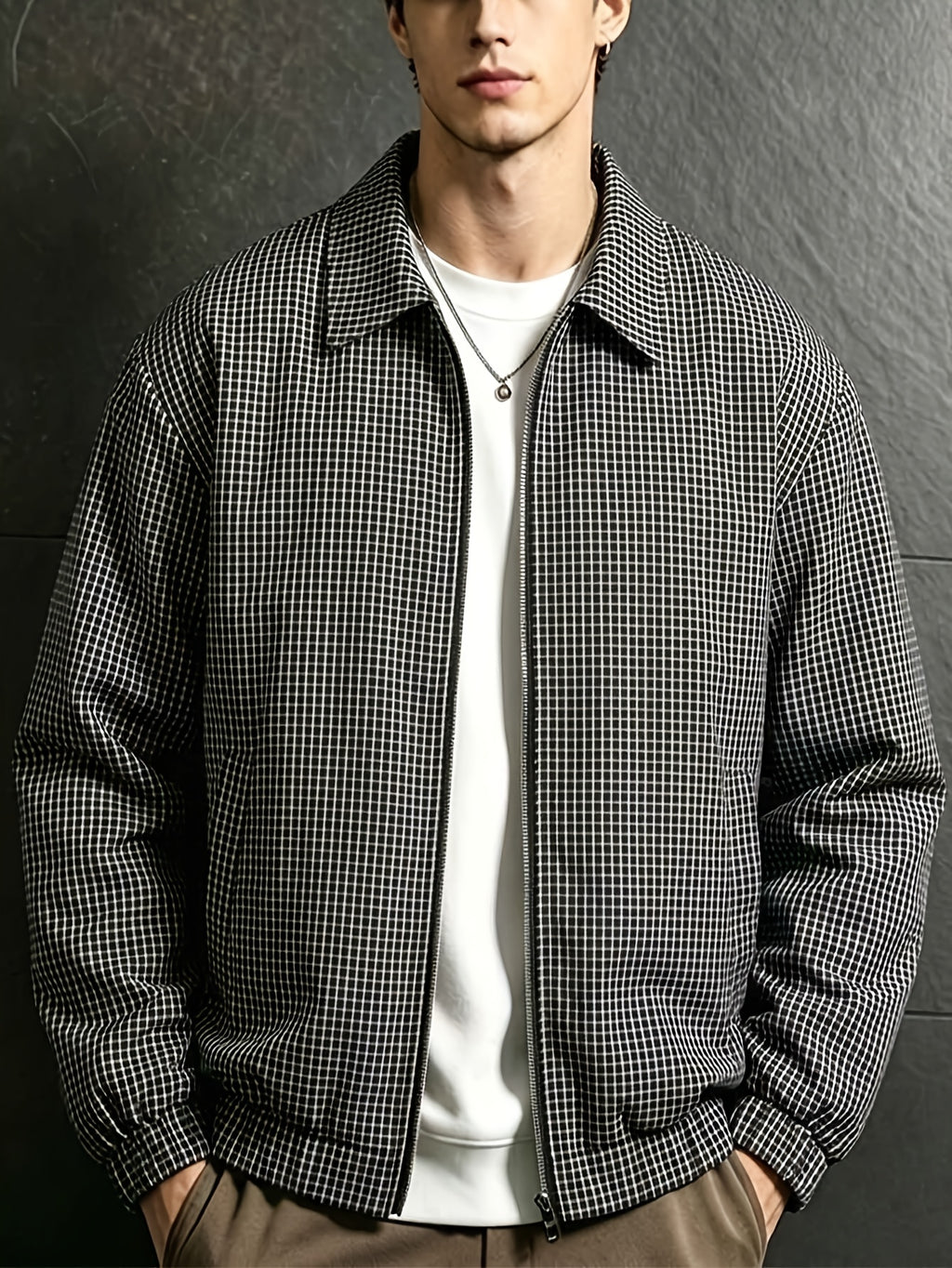 Men's Black and White Micro-Plaid Zip-Up Harrington Jacket, Classic Lapel Lightweight Lined Windbreaker, Ribbed Cuffs Wrinkle-Resistant Small Check Shirt, Suitable for Spring/Autumn Commuting, Office Wear, and Vintage Street Style - Black And White Plaid