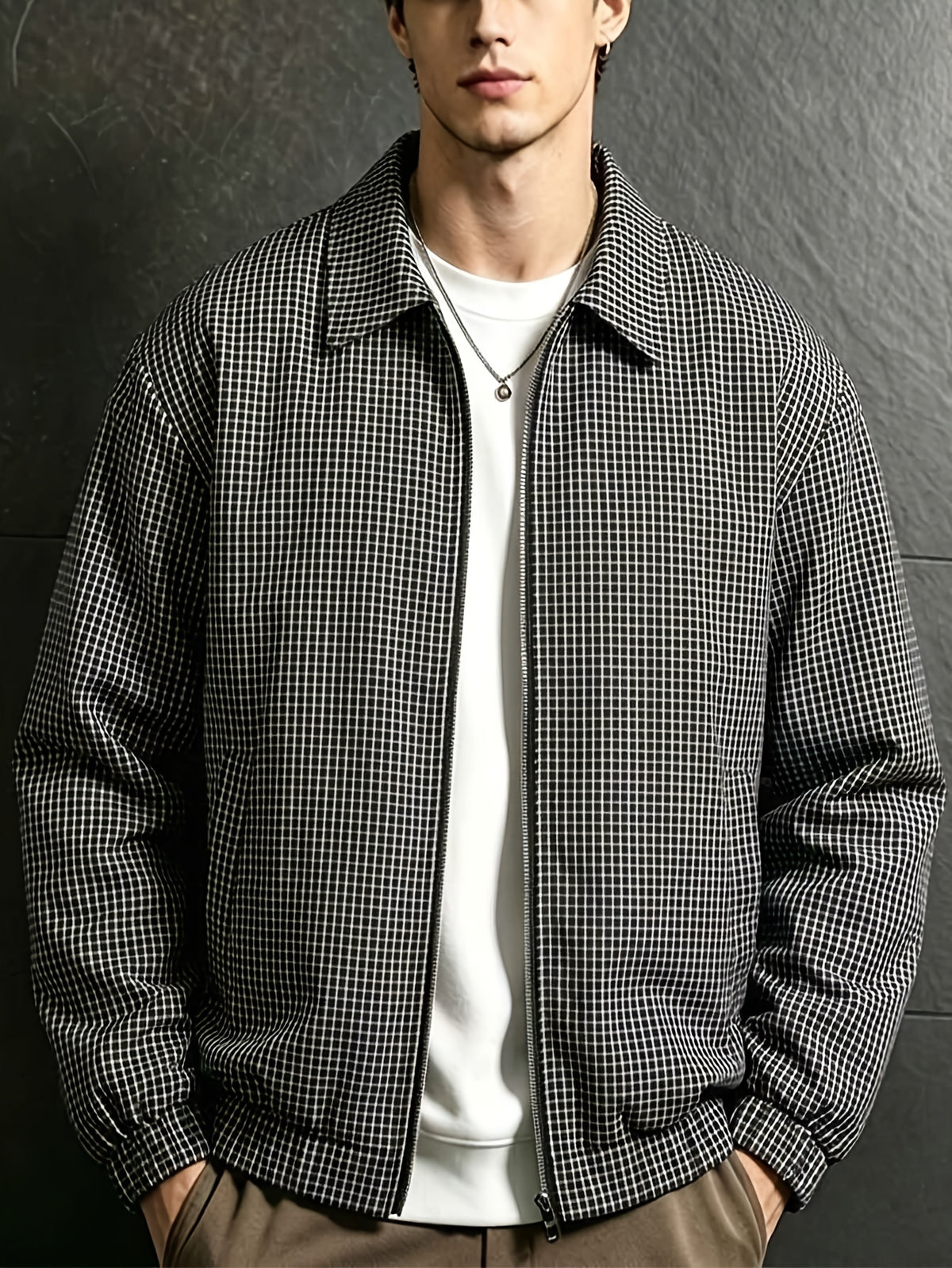 Men's Black and White Micro-Plaid Zip-Up Harrington Jacket, Classic Lapel Lightweight Lined Windbreaker, Ribbed Cuffs Wrinkle-Resistant Small Check Shirt, Suitable for Spring/Autumn Commuting, Office Wear, and Vintage Street Style - Black And White Plaid
