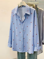 Women'S Heart Print Polo Collar Striped Shirt - Casual Collared Long Sleeve Blouse, Perfect for Spring Summer Fall Casual Wear - Blue