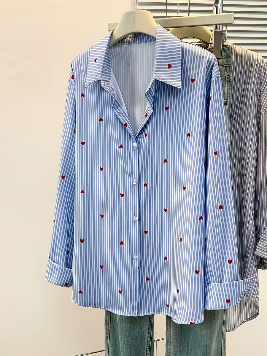 Women'S Heart Print Polo Collar Striped Shirt - Casual Collared Long Sleeve Blouse, Perfect for Spring Summer Fall Casual Wear - Blue